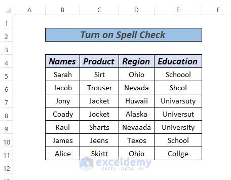 Turn on spell check in Excel