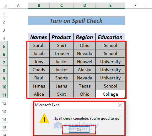 Turn on spell check in Excel review tab