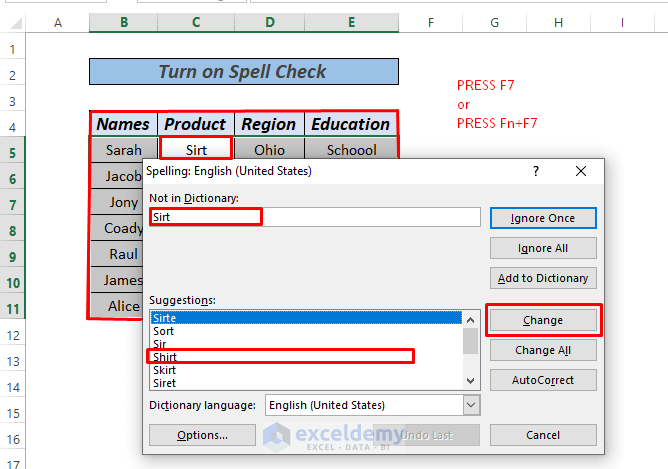 Turn on spell check in Excel F7