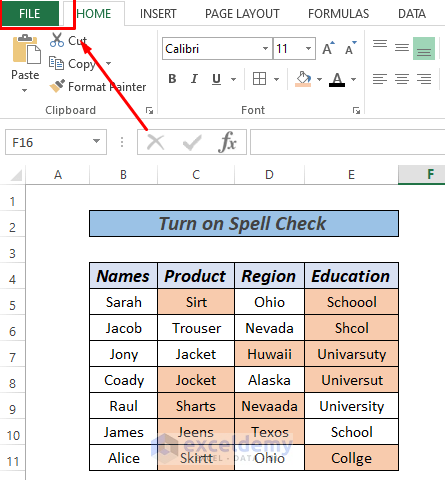 Turn on spell check in Excel menu bar