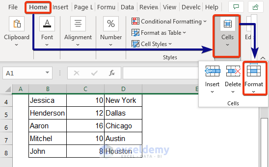 Format Command in Excel Ribbon to Unhide Top Rows