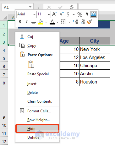 Hide Top Rows in Excel