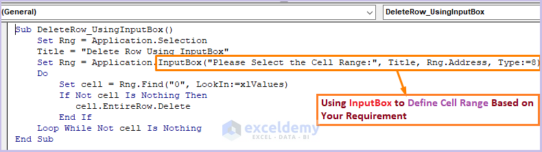 excel macro delete row if cell contains 0 Using InputBox for Defining Range