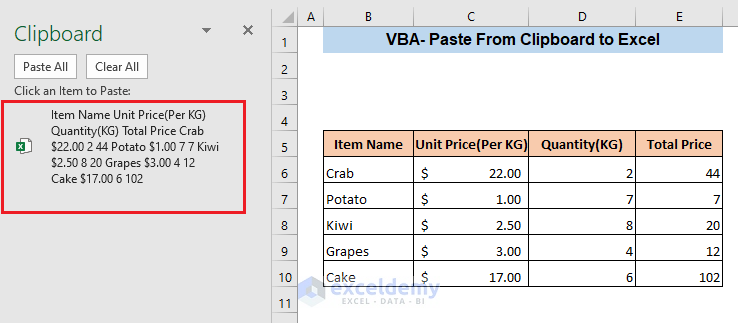 vba paste from clipboard to excel