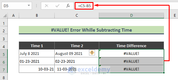 4 Reasons with Solutions to VALUE Error When Subtracting Time in Excel
