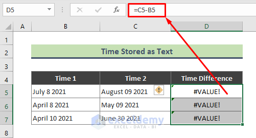 Reason 1: Excel Returns VALUE Error While Subtracting If Time Stored as Text