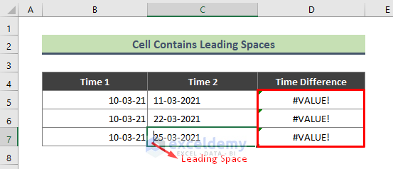 Reason 3: Excel Cell Contains Leading Spaces in Time Values