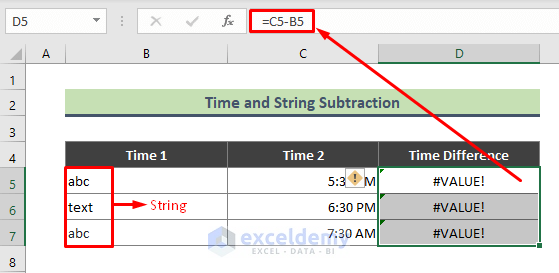 Reason 4: Excel Returns VALUE Error When Subtracting Time from String