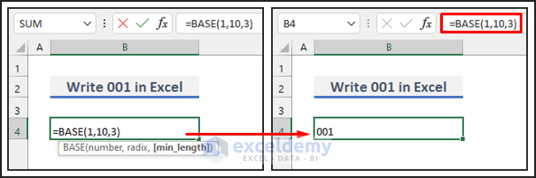 Write 001 in Excel Using the BASE Function