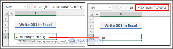 Write 001 in Excel Using the TEXTJOIN Function