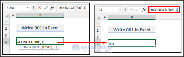 Write 001 in Excel Using the CONCAT Function