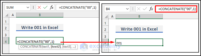 Write 001 in Excel Using the CONCATENATE Function
