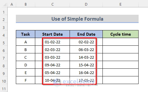 Simple Formula to Calculate Cycle Time in Excel