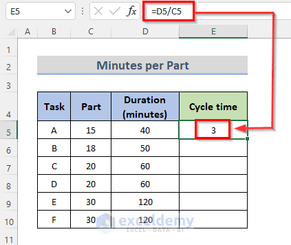 Compute Minutes per Part Cycle Time in Excel