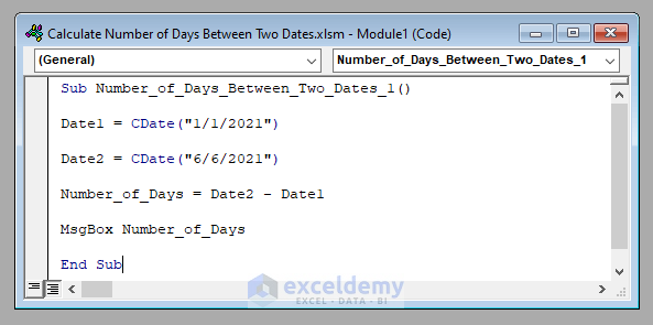 VBA Code to Calculate the Number of Days between Two Dates