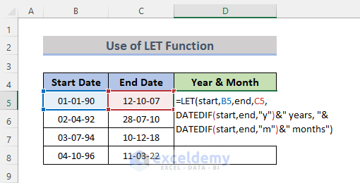 Calculate Years and Months Using Excel LET Function