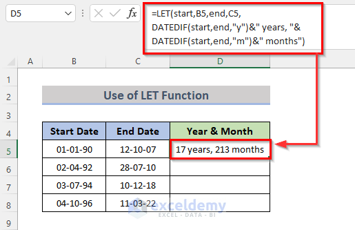 Calculate Years and Months Using Excel LET Function