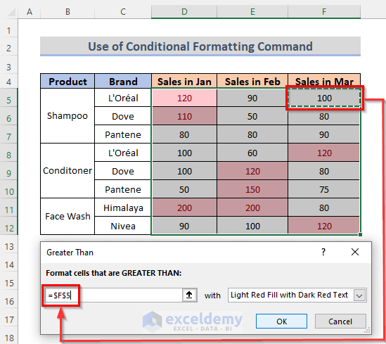Use Conditional Formatting Command to Format If a Cell Is Greater Than Another