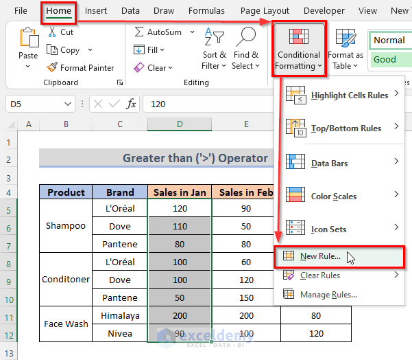 Apply Greater Than (‘>’) Operator with Conditional Formatting in Excel