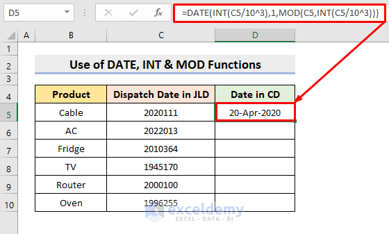 Combine Excel DATE, MOD & INT Functions to Convert 7 Digit Julian Date to Calendar Date