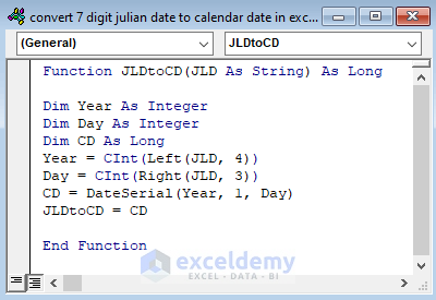 Apply VBA for Converting 7 Digit Julian Date to Calendar Date in Excel