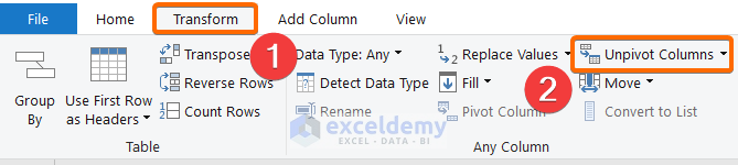 Use Unpivot Column to apply Power Query to Convert Columns to Rows in Excel