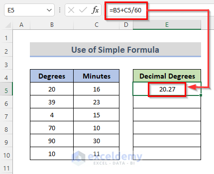 Apply Simple Formula to Convert Degrees Decimal Minutes to Decimal Degrees in Excel