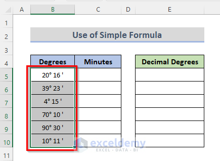 1. Apply Simple Formula to Convert Degrees Decimal Minutes to Decimal Degrees in Excel