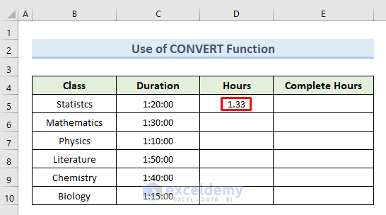 Apply CONVERT Function in Excel