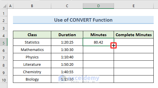 Use CONVERT Function to convert minutes to decimal excel