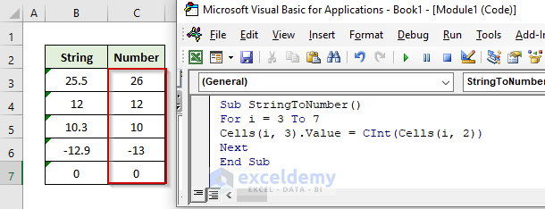 convert string to number in Excel VBA