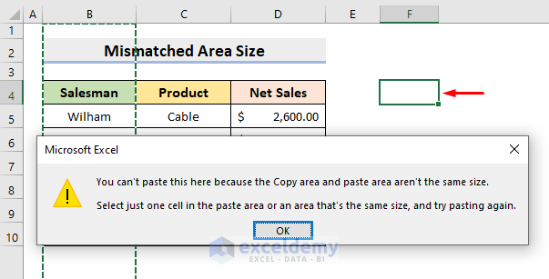 Copy and Paste Area Size Doesn’t Match in Excel