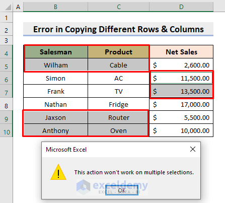 Error in Copying Different Rows and Columns in Excel