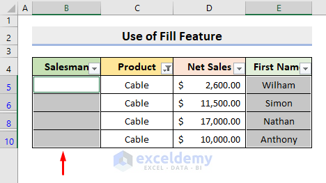 Use Fill Feature for Pasting a Set of Values from Right to Left in Filtered Table