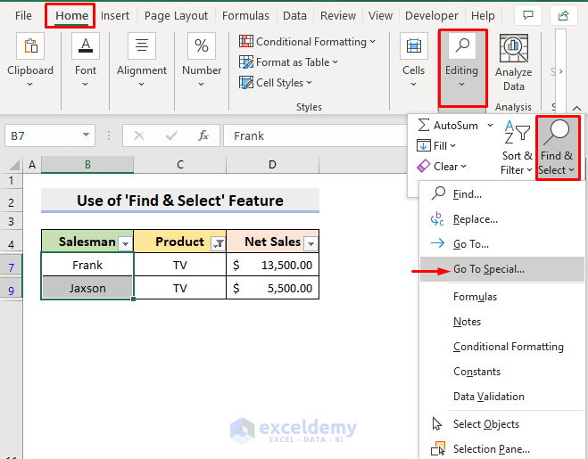 Excel Find & Select Feature to Copy Only the Visible Cells in Filtered Column
