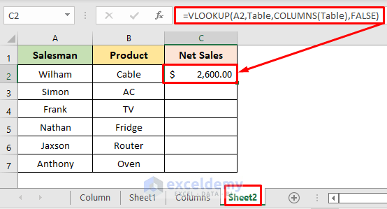 Excel COLUMNS Function to Count Last Column for VLOOKUP
