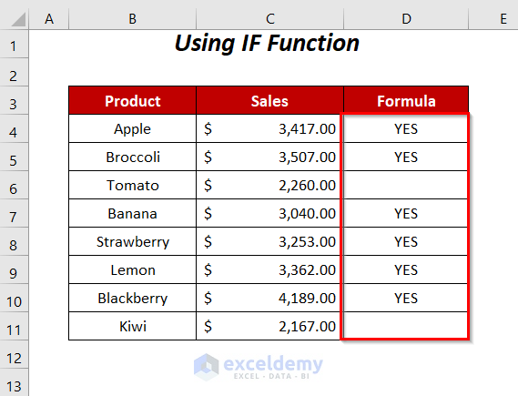 create a formula in Excel that will place the word yes