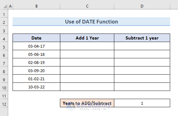 Use DATE Formula in Excel to Change Date by 1 Year