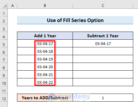 Adjust Date by 1 Year with Excel Fill Series Option