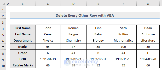 Dataset of delete every other row in excel vba