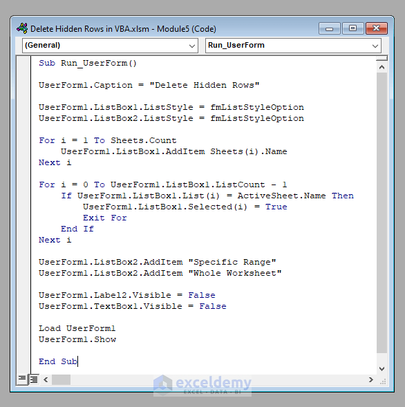 UserForm Code to Delete Hidden Rows in Excel VBA