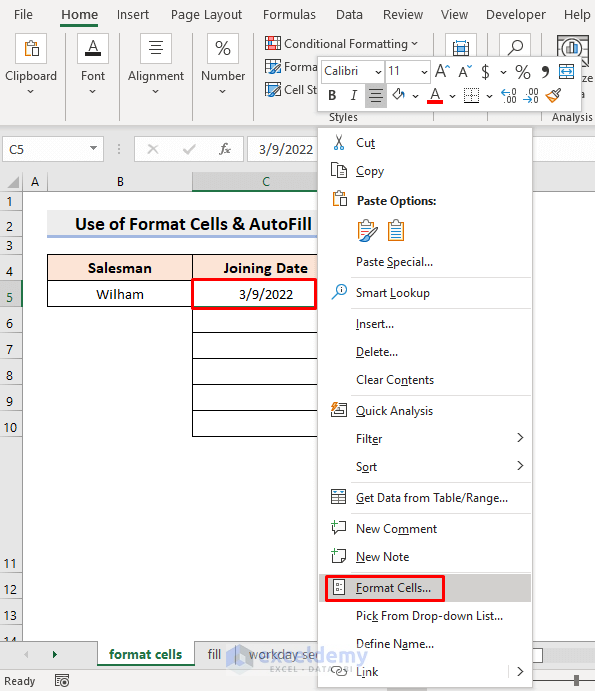Excel Format Cells Feature & AutoFill Tool to Autofill Days of Week Based on Date