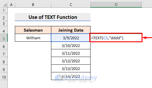 Excel TEXT Function for Auto Filling Days of Week Based on Date