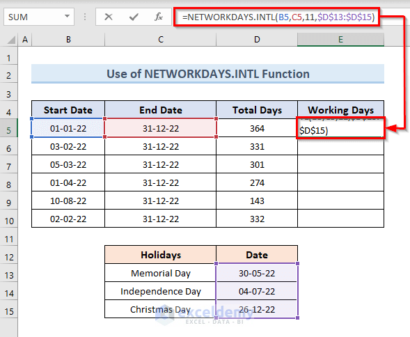 Apply NETWORKDAYS.INTL Function to Calculate Working Days with Custom Holidays