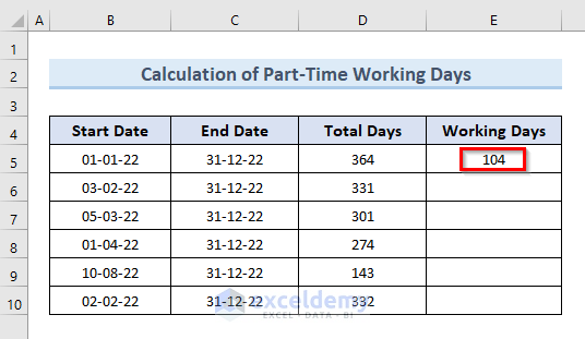 Calculate Number of Working Days in a Part-Time Job in Excel