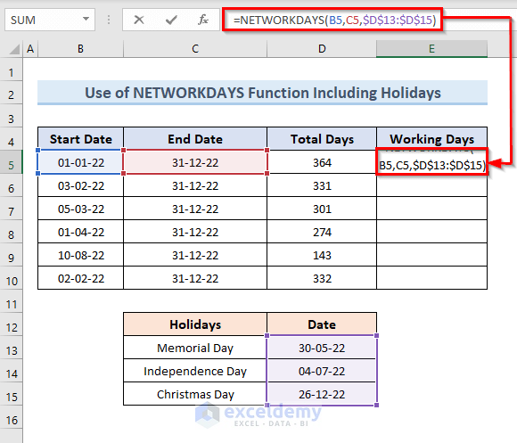 Include Holidays While Calculating Working Days between Two Dates