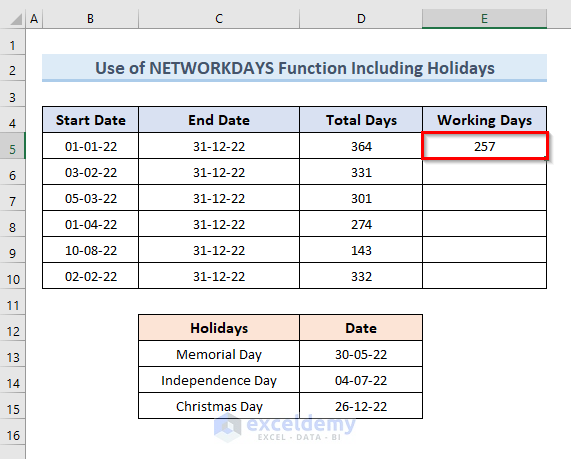 Include Holidays While Calculating Working Days between Two Dates