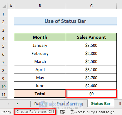 Use Status Bar to Fix Circular References in Excel That cannot be Listed