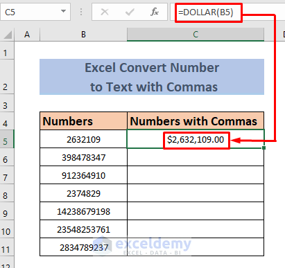 excel convert number to text with commas using dollar function