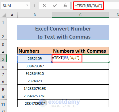 excel convert number to text with commas using text function